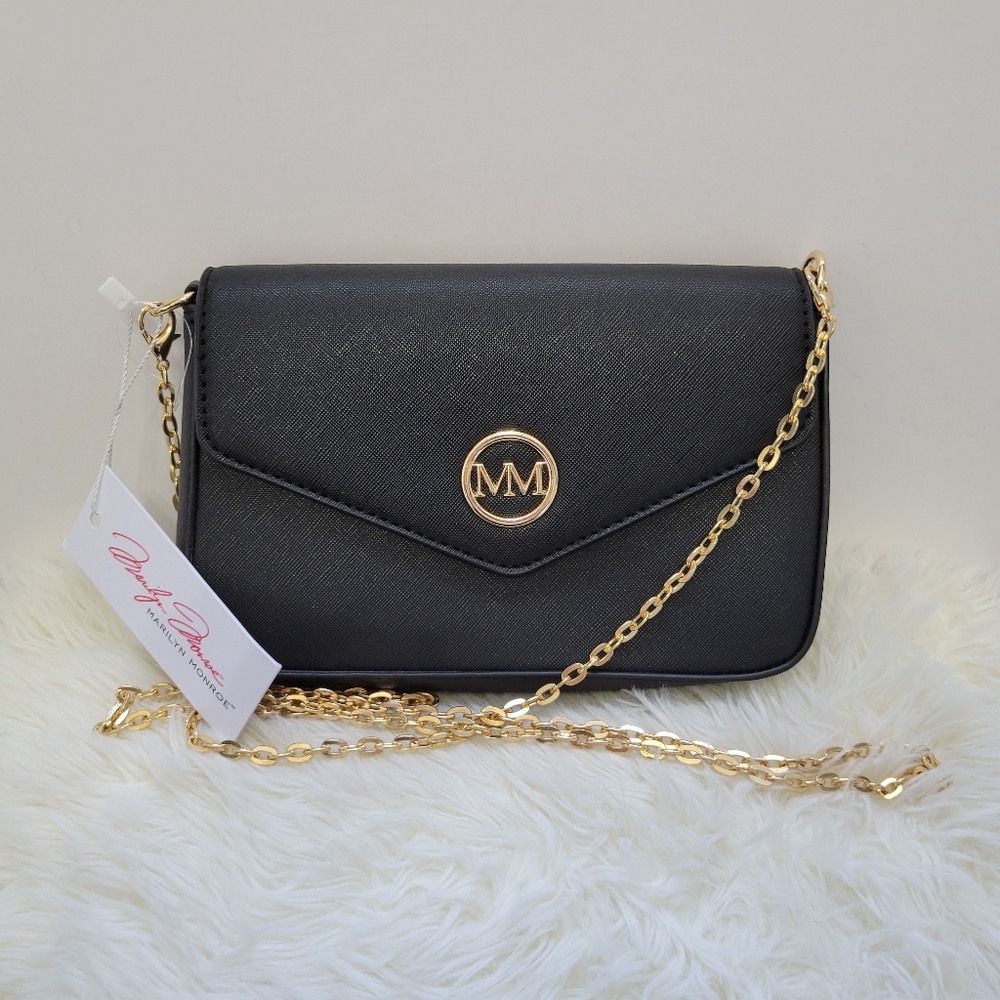 Marilyn Monroe Black Envelope Shoulder Bag with Gold Chain